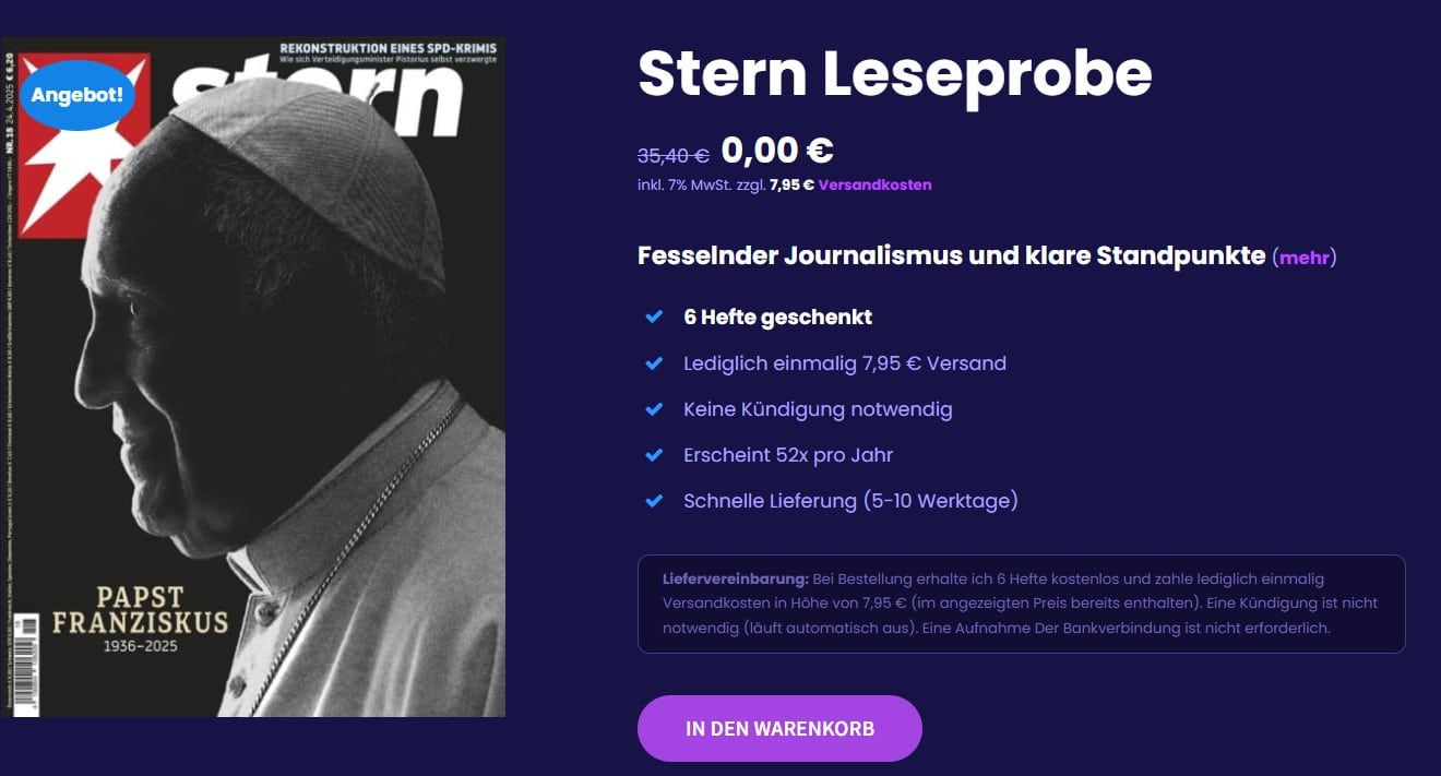 Stern Leseprobe bei Aboheld - links die aktuelle Ausgabe von Mai 2025, rechts die Angebotsbedingungen