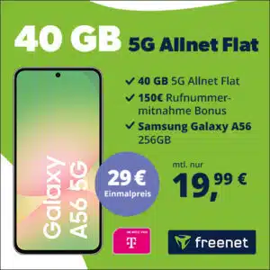 Eff. 2,24€ mtl. 🔥 Samsung Galaxy A56 5G (256GB) für 29€ + 40GB 5G/LTE Telekom Allnet für 19,99€/Monat + 150€ Wechselbonus + 50GB Datendepot (freenet Telekom Allnet Flat)