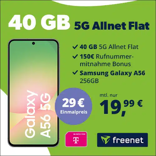 Eff. 2,24€ mtl. 🔥 Samsung Galaxy A56 5G (256GB) für 29€ + 40GB 5G/LTE Telekom Allnet für 19,99€/Monat + 150€ Wechselbonus + 50GB Datendepot (freenet Telekom Allnet Flat)