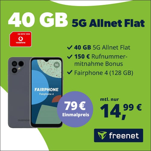 Thumbnail Tarif eff. gratis + 110€ Ersparnis 💥 Fairphone 4 für 79€ + 40GB 5G Vodafone Allnet für 14,99€/Monat + 150€ Wechselbonus
