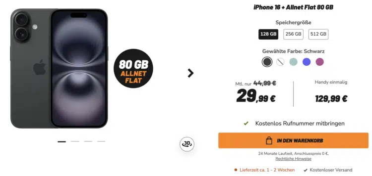 Apple iPhone 16 mit 128 GB + 80GB Vodafone Allnet