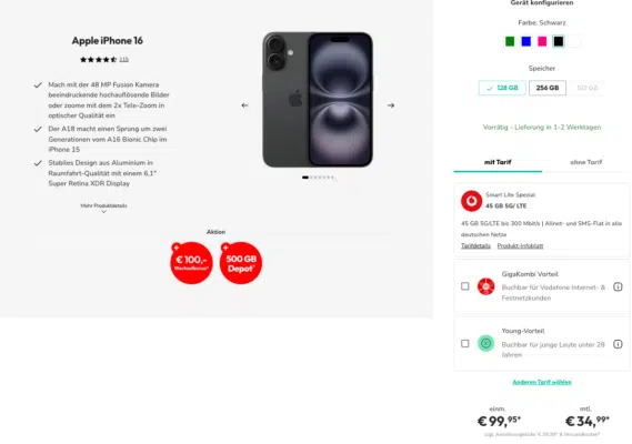 Apple iPhone 16 mit Vodafone Allnet.