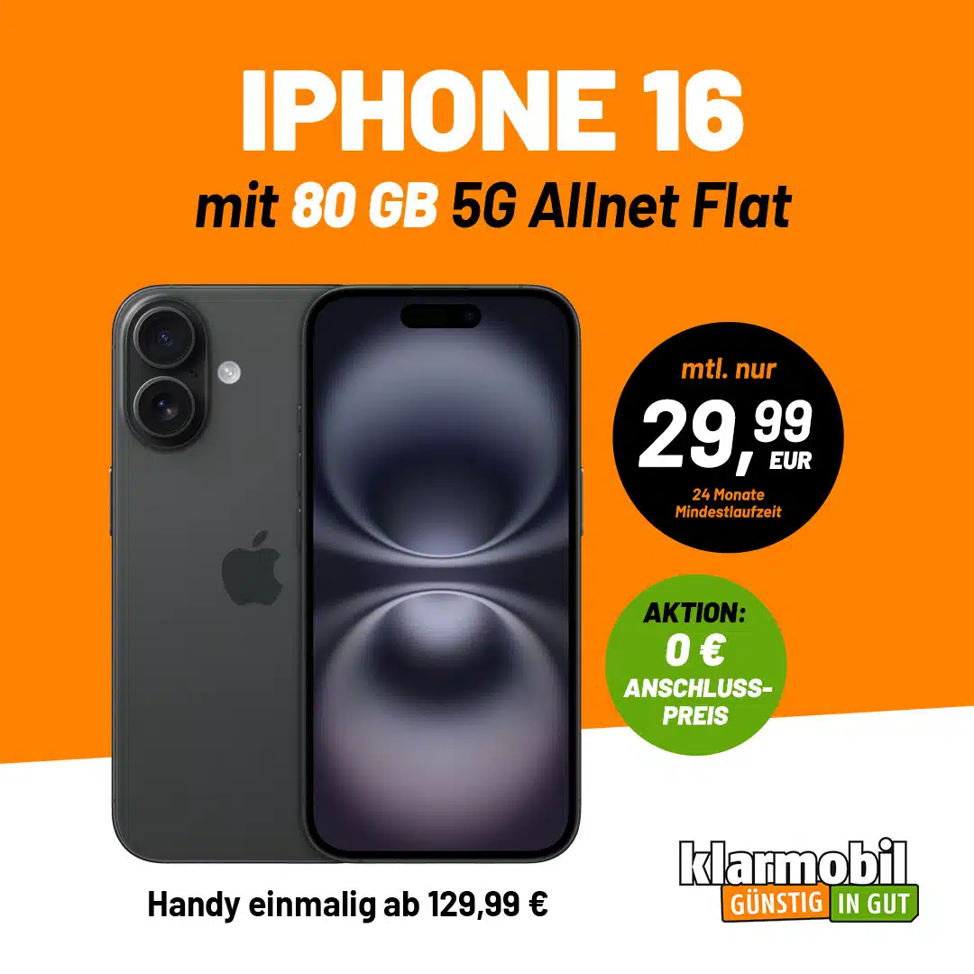 Thumbnail Apple iPhone 16 (128GB) für 129,99€ + 80GB LTE Allnet für 29,99€/Monat + 0€ AG (klarmobil Vodafone Allnet Flat)