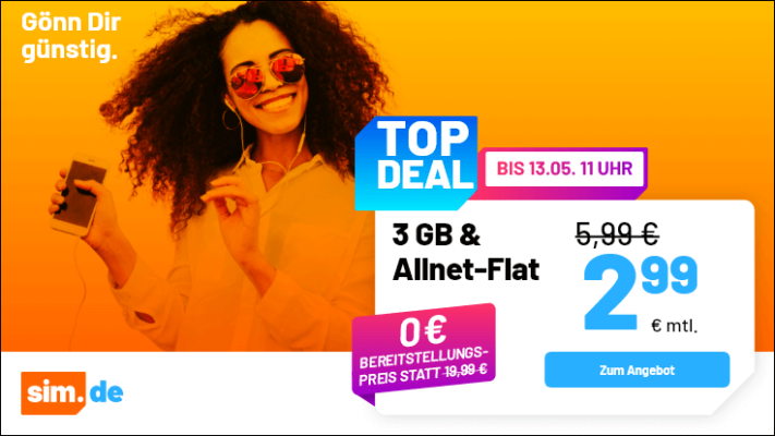 Sim.de Top Deal mit 3 GB und Allnet-Flat für 2,99 € monatlich, Angebot gültig bis 13.05