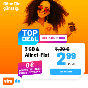 5G/LTE Handy Allnets 📲 3GB für 2,99€ | 10GB für 4,99€ | 25GB für 7,99€ | 50GB für 10,99€ | 80GB für 14,99€ | Unlimited on demand für 29,99€ ⏰ nur für kurze Zeit (sim.de im 1&amp;1-Netz)