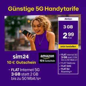 Schnäppchen-Tarif: 3GB 5G Allnet-Flat für nur 2,99€/Monat + 10€ Amazon.de-Gutschein! (sim24 im 1&amp;1 Netz)