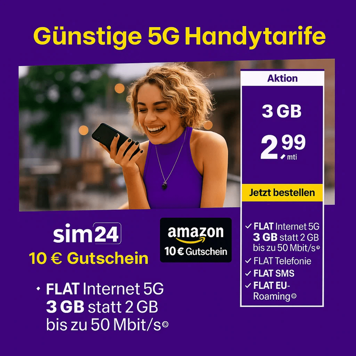 Thumbnail Schnäppchen-Tarif: 3GB 5G Allnet-Flat für nur 2,99€/Monat + 10€ Amazon.de-Gutschein! (sim24 im 1&1 Netz)