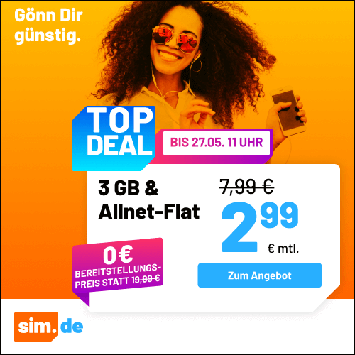 Thumbnail 5G/LTE Handy Allnets 📲 3GB für 2,99€ | 20GB für 5,99€ | 40GB für 7,99€ | 60GB für 11,99€ | 80GB für 14,99€ | Unlimited on demand für 19,99€ ⏰ nur für kurze Zeit (sim.de im 1&amp;1-Netz)