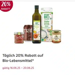 täglich 20% Rabatt auf Bio Lebensmittel (Rossmann App) vom 16.-20.06.2025