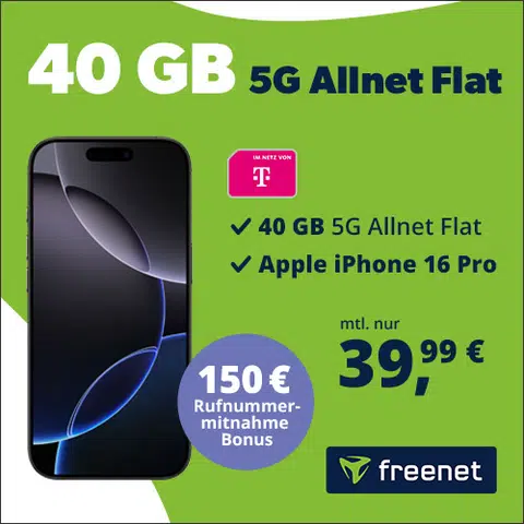 Thumbnail Ab eff. 0,45€/Monat: Apple iPhone 16 Pro (128GB) für 199€ / (256GB) für 319€ + 40GB 5G/LTE Telekom Allnet für 39,99€/Monat + 150€ Wechselbonus (freenet Telekom Allnet Flat)