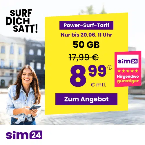 Thumbnail mtl. kündbare 5G/LTE Handy Allnet mit 3GB für 2,99€ 😱 oder 4GB für 3,49€ | 15GB für 4,99€ | 30GB für 6,99€ | 40GB für 7,49€ | 50GB für 8,99€ | 90GB für 14,99€ | Unlimited on demand für 19,99€ (SIM24 im 1&amp;1-Netz)