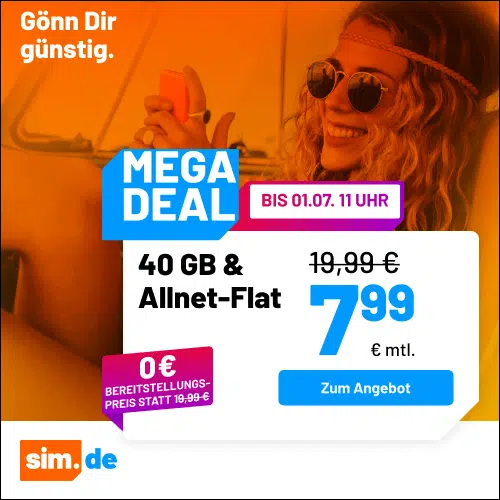 Thumbnail 5G/LTE Handy Allnets 📲 3GB für 2,99€ | 20GB für 5,99€ | 40GB für 7,99€ | 60GB für 9,99€ | 80GB für 14,99€ | Unlimited on demand für 19,99€ ⏰ nur für kurze Zeit (sim.de im 1&amp;1-Netz)
