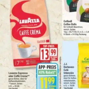 Lavazza ganze Bohnen 1kg für 11,99€ Edeka App Minden-Hannover