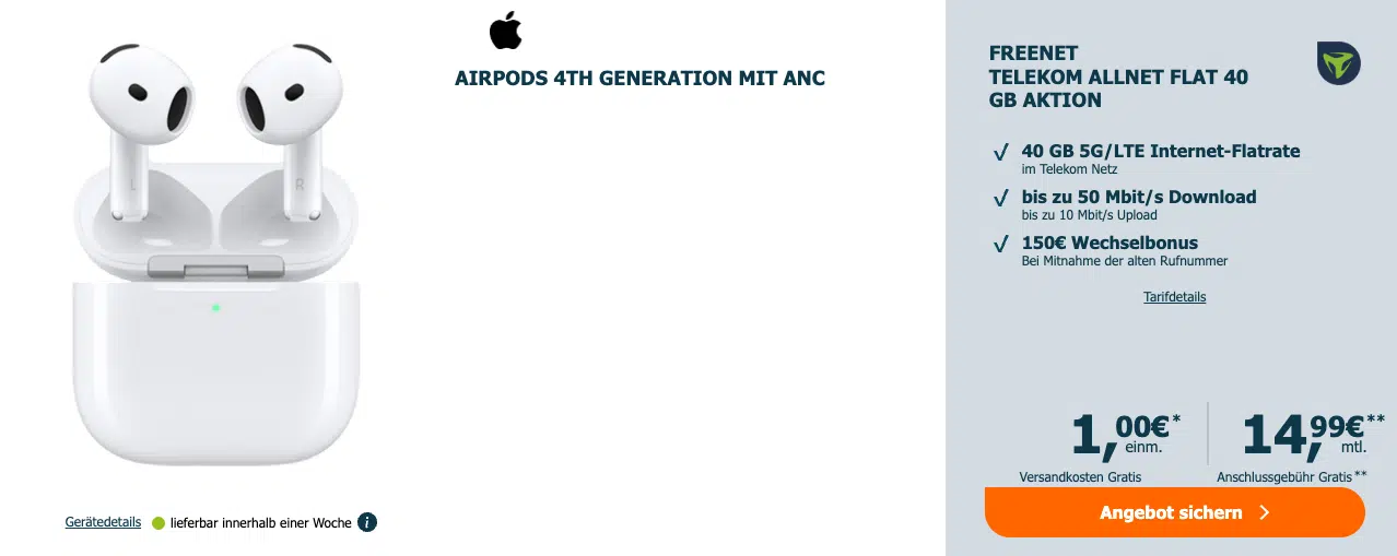 AirPods 4th Generation mit ANC Handytarif-Angebot bei Logitel.