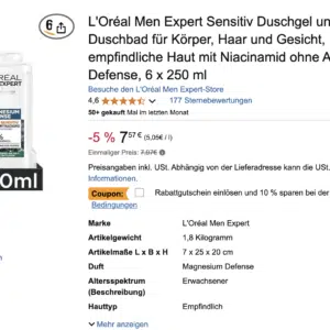 Fehler? 6x L'Oréal Men Expert Sensitiv Duschgel und Shampoo für Männer (Magnesium Defense)