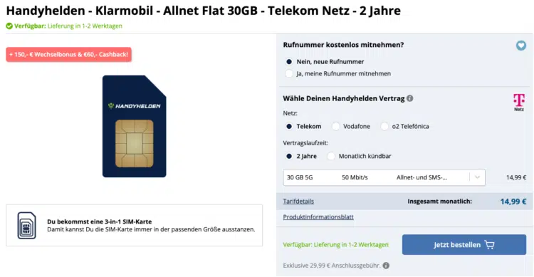 Handyhelden klarmobil 30GB Allnet im Telekom-Netz für effektiv 7,49€ mtl.