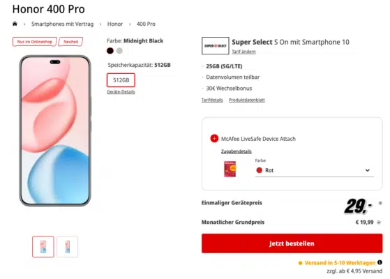 Honor 400 Pro mit 512 GB Speicher und Super Select S On Tarif.