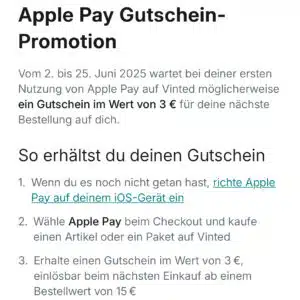 3€ Vinted-Gutschein sichern mit Apple Pay (MBW: 15€)