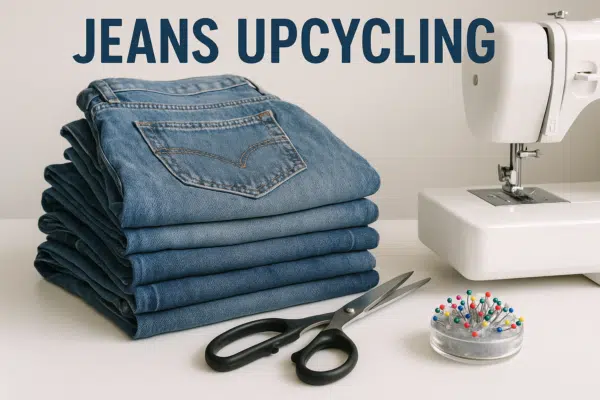 Stapel alter Jeans, die auf einem weißen Schreibtisch liegen. Zu sehen sein sollen auch eine Nähmaschine und Nähzubehör wie eine Schere und Stecknadeln. 