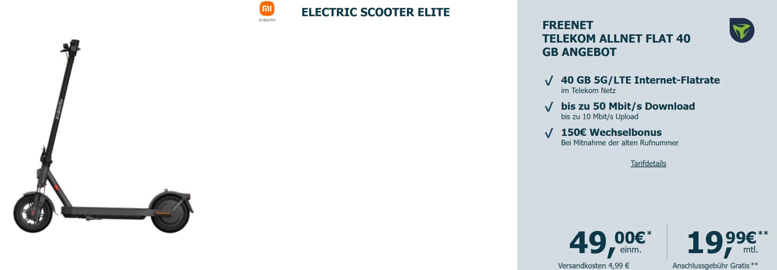 Tarif bei Logitel mit dem Xiaomi Electric Scooter Elite und einer 40GB Telekom Allnet