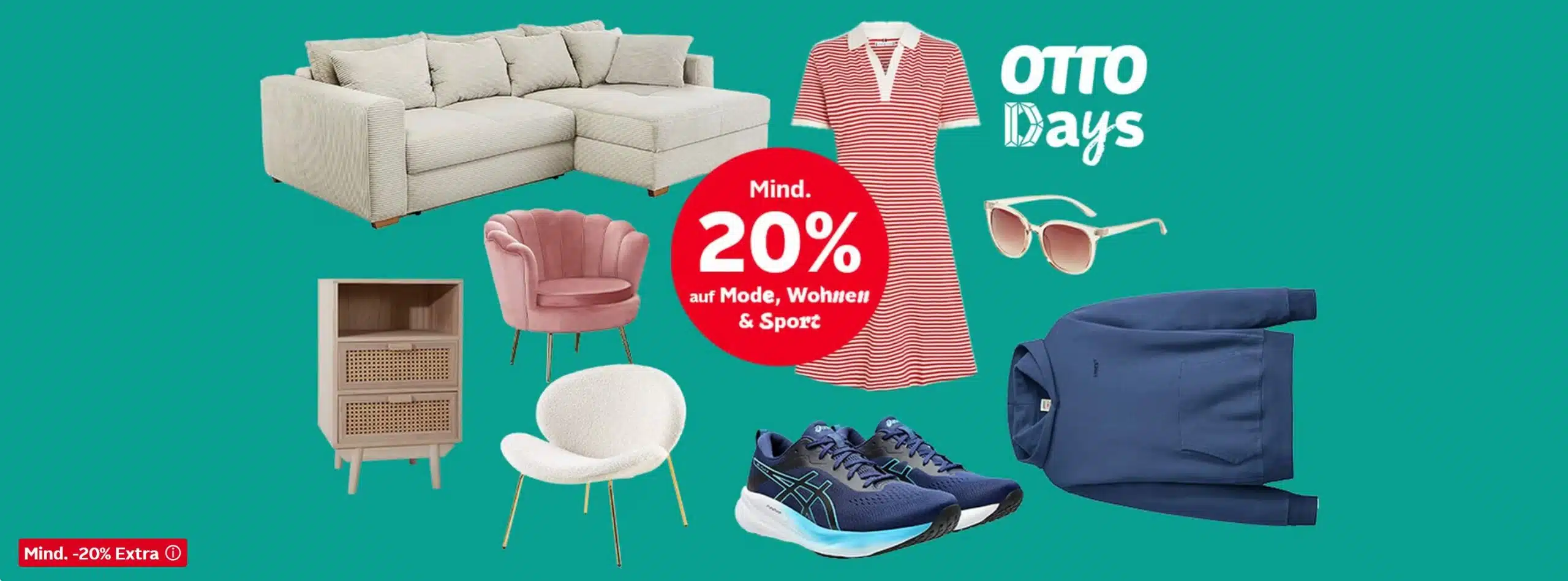 Werbegrafik zu den OTTO Days mit mindestens 20 % Rabatt auf Mode, Wohnen und Sport, illustriert mit Möbeln, Kleidung, Schuhen und Accessoires vor türkisfarbenem Hintergrund.