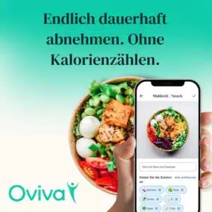 Endlich dauerhaft Abnehmen. Ohne Kalorienzählen. Oviva-Logo unten links, unten rechts ein Phone mit deren App.