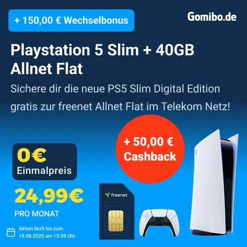 Thumbnail PlayStation 5 Slim Digital Edition für 0€ + 40GB 5G/LTE Telekom Allnet für 24,99€/Monat + 150€ Wechselbonus + 50€ Cashback + 0€ AP (freenet Telekom Allnet)