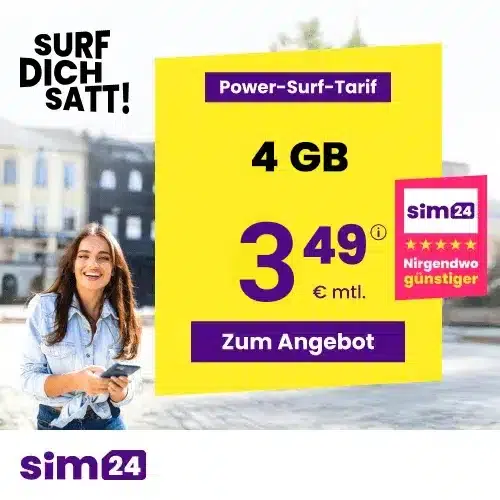 Thumbnail mtl. kündbare 5G/LTE Handy Allnet mit 3GB für 2,99€ 😱 oder 4GB für 3,49€ | 15GB für 4,99€ | 30GB für 6,99€ | 40GB für 7,49€ | 50GB für 8,99€ | 90GB für 14,99€ | Unlimited on demand für 19,99€ (SIM24 im 1&amp;1-Netz)