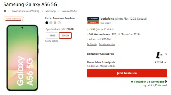 Samsung Galaxy A56 mit Tarif im Vodafone-Netz