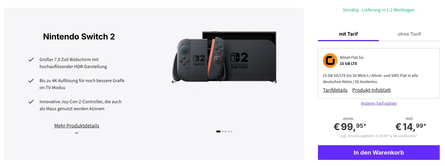 Nintendo Switch 2 Angebot bei Deinhandy.