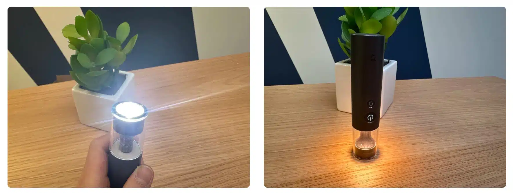 Zwei Bilder der Xiaomi Mijia Taschenlampe in zwei unterschiedlichen Modi
