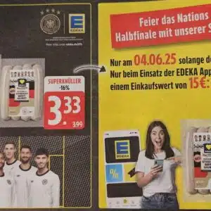 Edeka Stadion Bratwurst ab 15 € Einkaufswert (regional Südbayern?! und nur am 04.06.2025)