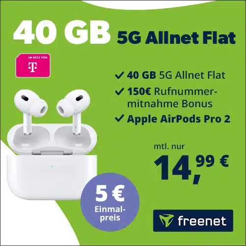 Thumbnail ⭐️ Apple AirPods Pro 2 für 49€ + 40GB LTE/5G Telekom Allnet für 14,99€/Monat + 150€ Wechselbonus (freenet)