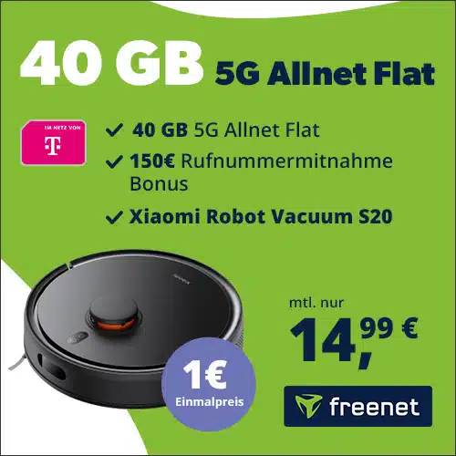 Thumbnail 40GB 5G/LTE Telekom Allnet für 14,99€/Monat + 150€ Wechselbonus + Xiaomi Robot Vacuum S20 für 1€ + 0€ AG – freenet Telekom