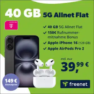 Eff. GRATIS: Apple iPhone 16 (128GB) für 149€ + 40GB 5G/LTE Telekom Allnet für 39,99€/Monat + GRATIS Airpods Pro 2nd Gen + 150€ Wechselbonus (freenet Telekom Allnet)