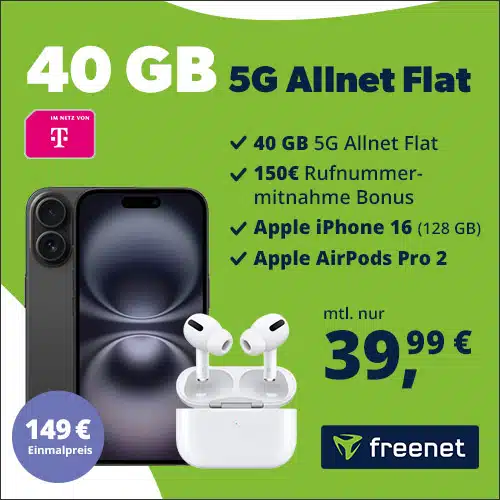 Thumbnail Eff. GRATIS: Apple iPhone 16 (128GB) für 149€ + 40GB 5G/LTE Telekom Allnet für 39,99€/Monat + GRATIS Airpods Pro 2nd Gen + 150€ Wechselbonus (freenet Telekom Allnet)