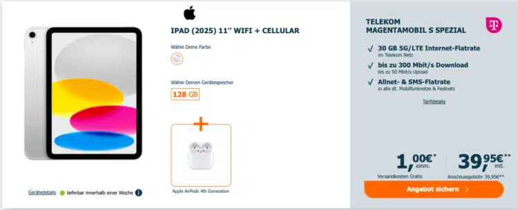 Apple iPad (2025) 11'' WiFi + Cellular + AirPods 4 + Telekom Allnet