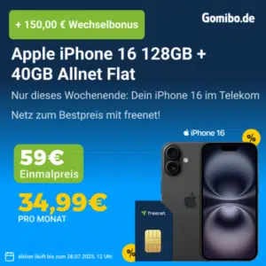 🚨 Eff. nur 1,82€/Monat: Apple iPhone 16 (128GB) für 59€ + 40GB 5G/LTE Telekom Allnet für 34,99€/Monat + 150€ Wechselbonus (freenet Telekom Allnet)