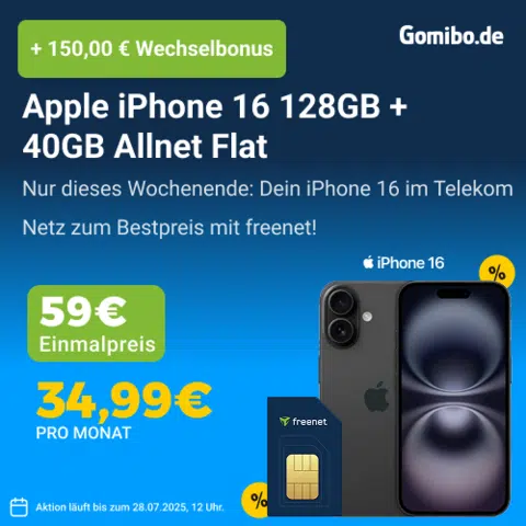 Thumbnail 🚨 Eff. nur 1,82€/Monat: Apple iPhone 16 (128GB) für 59€ + 40GB 5G/LTE Telekom Allnet für 34,99€/Monat + 150€ Wechselbonus (freenet Telekom Allnet)