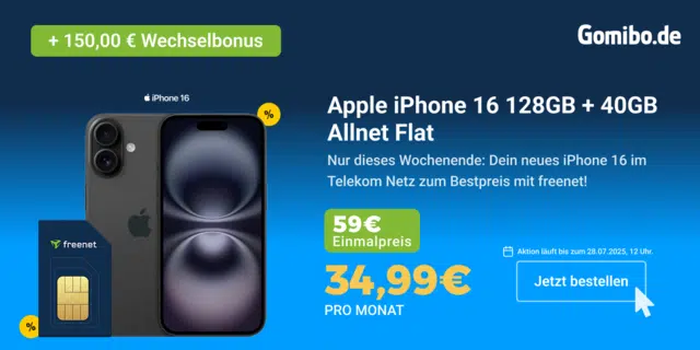 Apple iPhone 16 (128GB) für 59€ + 40GB 5G/LTE Telekom Allnet für 34,99€/Monat