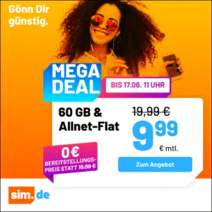 5G/LTE Handy Allnets 📲 3GB für 2,99€ | 20GB für 5,99€ | 40GB für 7,99€ | 60GB für 9,99€ | 80GB für 14,99€ | Unlimited on demand für 19,99€ ⏰ nur für kurze Zeit (sim.de im 1&1-Netz)