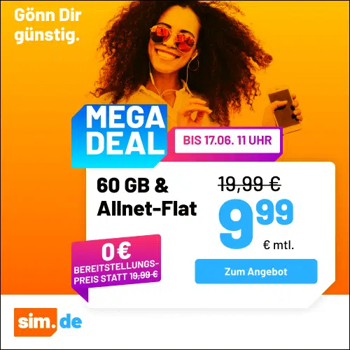 Thumbnail 5G/LTE Handy Allnets 📲 3GB für 2,99€ | 20GB für 5,99€ | 40GB für 7,99€ | 60GB für 9,99€ | 80GB für 14,99€ | Unlimited on demand für 19,99€ ⏰ nur für kurze Zeit (sim.de im 1&amp;1-Netz)