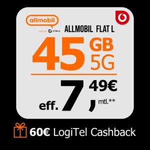 Thumbnail 45GB LTE Vodafone Allnet für 9,99€/Monat + 0€ AP + 60€ Logitel-Cashback (allmobil Flat L)