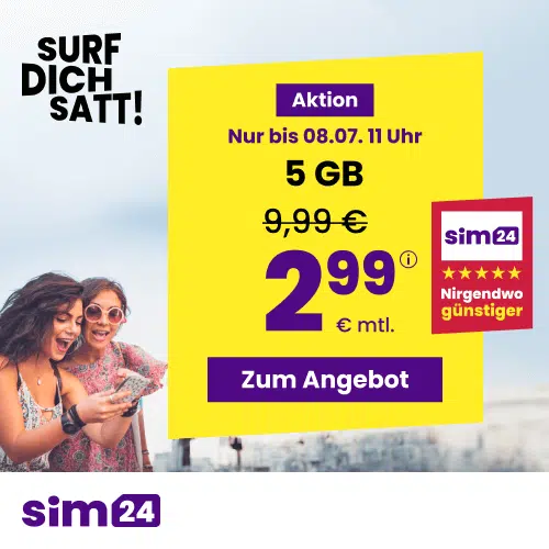 Thumbnail BESTMARKE bei den günstigen Tarifen 🏋️ mtl. kündbare 5G/LTE Handy Allnet mit 5GB für 2,99€/Monat - 100 Mbit/s Speed bei 24 Monaten (SIM24 im 1&amp;1-Netz)