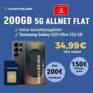 💥 Brutal gut! Samsung Galaxy S25 Ultra mit 200GB Vodafone Allnet Flat für 34,99€/Monat 😮 dank 200€ Cashback eff. sogar gratis ✅ keine Anschlussgebühr