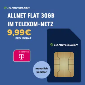 Monatlich kündbare 30GB LTE/5G Allnet-Flat im Telekom-Netz für 9,99€/Monat + 9,99€ Anschlusspreis (Handyhelden)