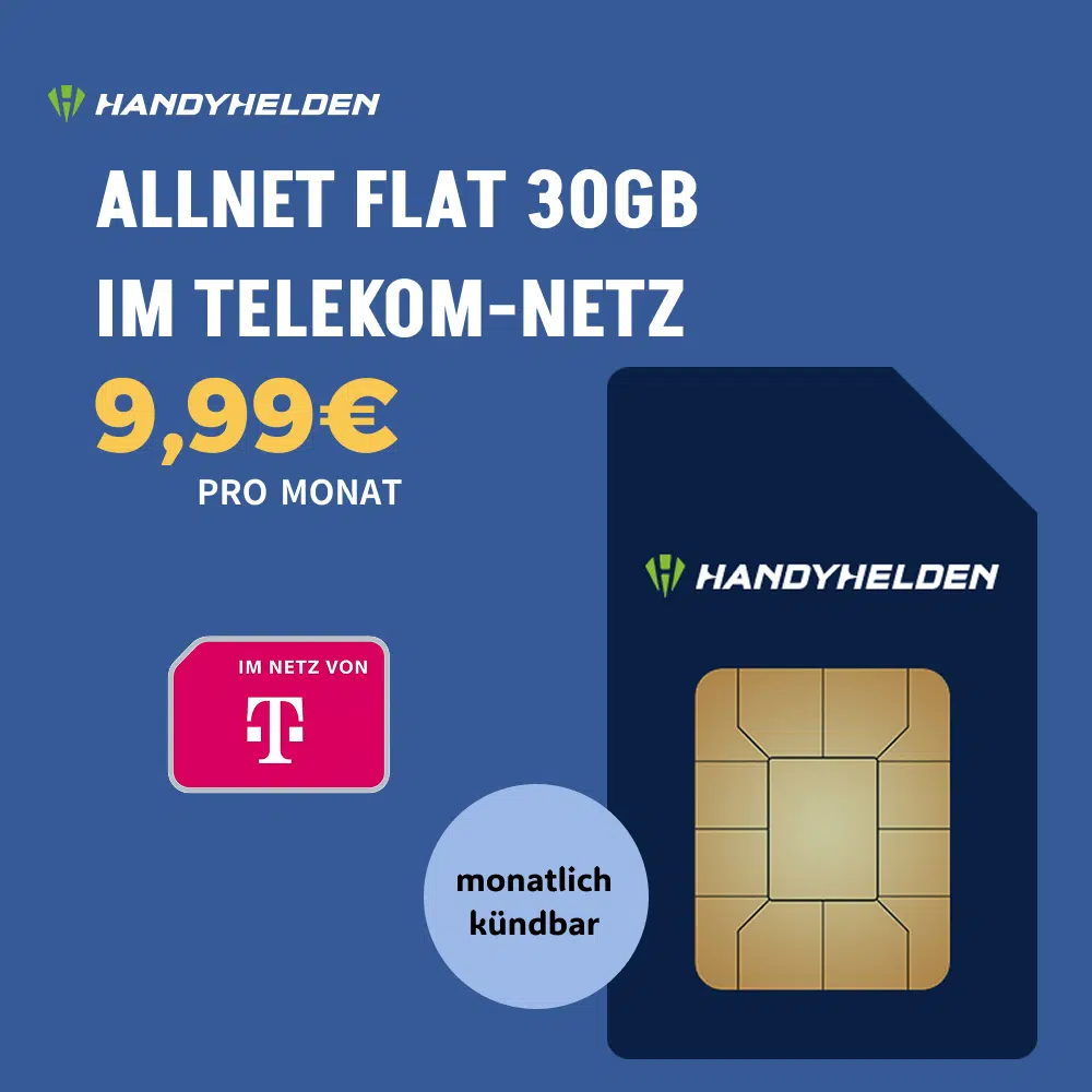 Thumbnail Monatlich kündbare 30GB LTE/5G Allnet-Flat im Telekom-Netz für 11,99€/Monat + 9,99€ Anschlusspreis (Handyhelden)