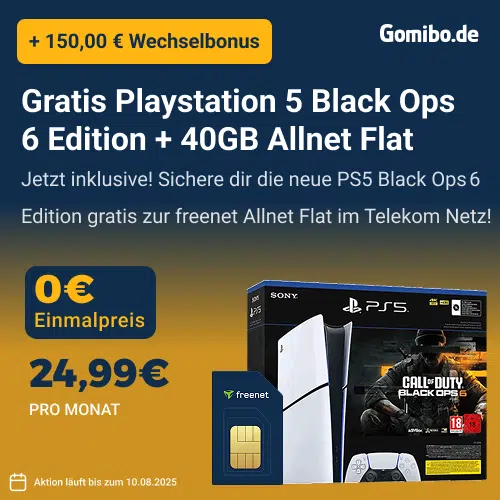 Thumbnail Eff. GRATIS + 0,00€ für PS5 Slim Digital Edition &amp; Call of Duty: Black Ops 6 + 40GB 5G/LTE Telekom Allnet für 24,99€/Monat + 150€ Wechselbonus 😲 sogar fast 50€ besser als Idealo dank freenet Tarif