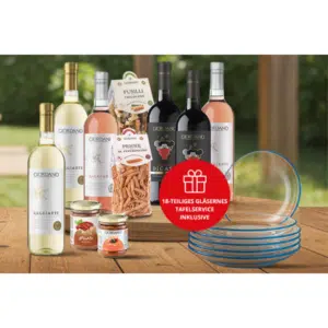 6 Flaschen Wein + 4 Delikatessen + 18 tlg. gläsernes Tafelservice für 39,90€ kostenloser Versand