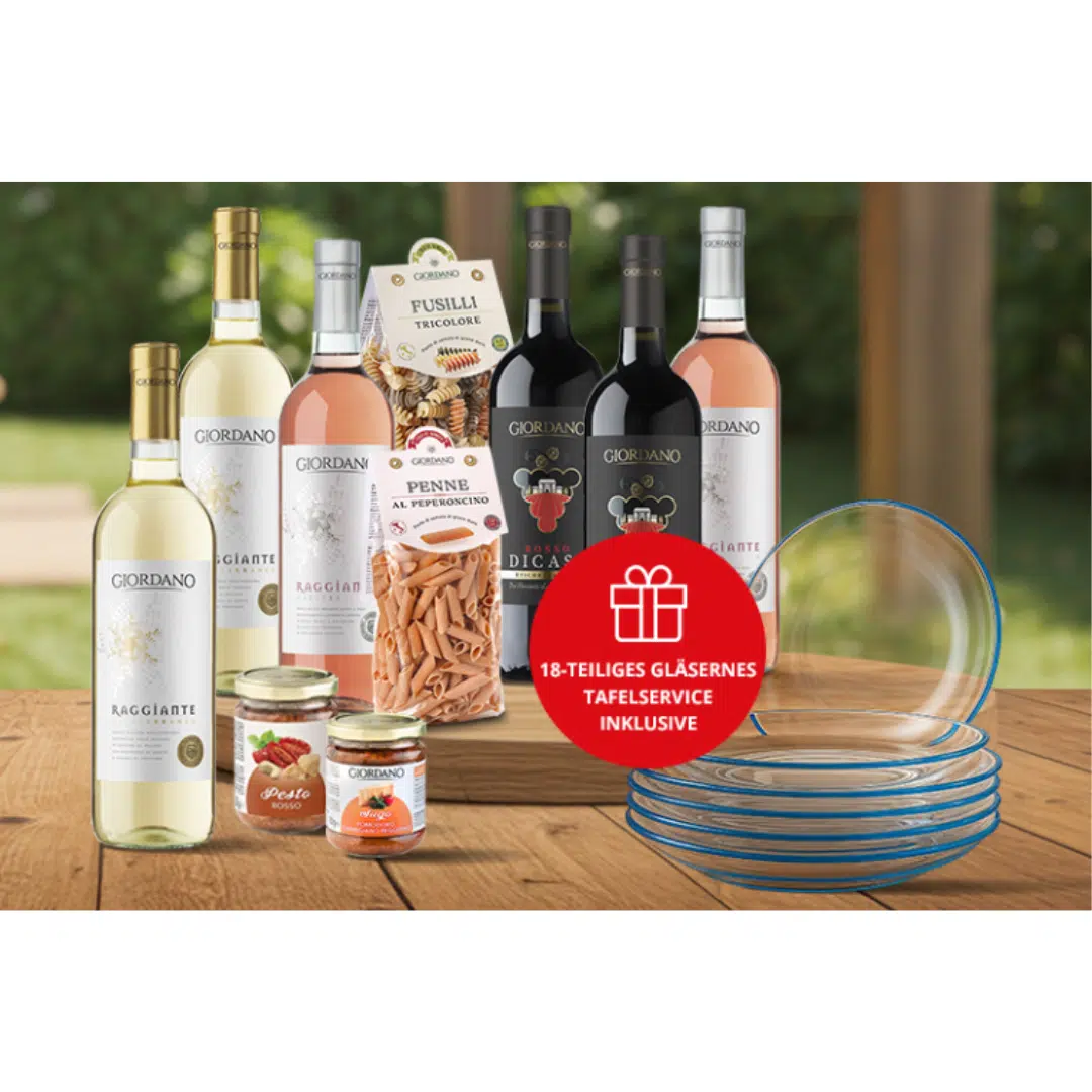Thumbnail 6 Flaschen Wein + 4 Delikatessen + 18 tlg. gläsernes Tafelservice für 39,90€ kostenloser Versand